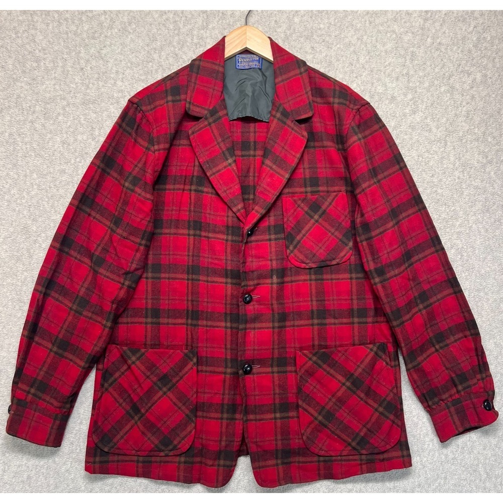 Vintage Pendleton Mens Chore Blazer Jacket Red Plaid Virgin‎ Wool 3-Pocket M